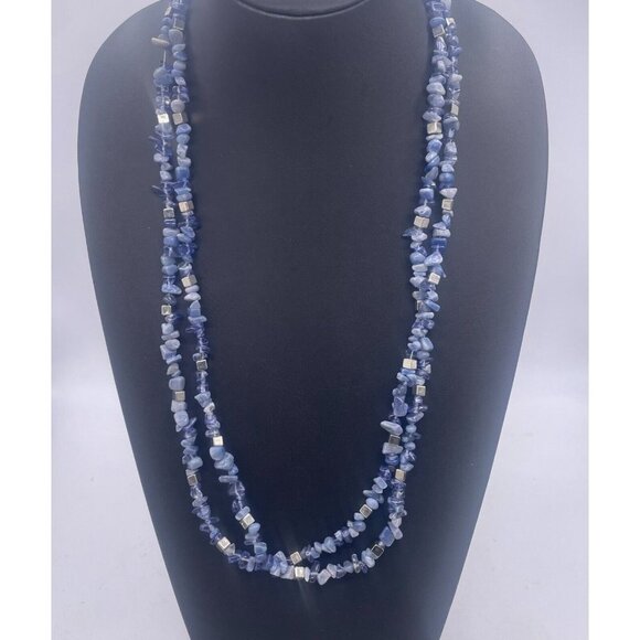 Kenneth Cole NY Blue Stone Chips Long Necklace Double Strand Layered 30-33 Inch - Picture 2 of 7